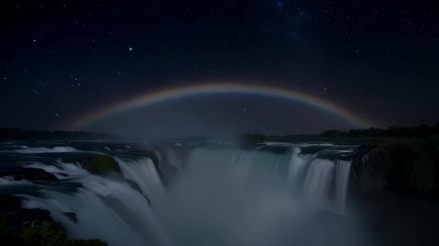 A wide shot of a "Moonbow" (lunar rainbow) over a misty waterfall at night, soft silver colors, starry sky in the background, peaceful and rare.