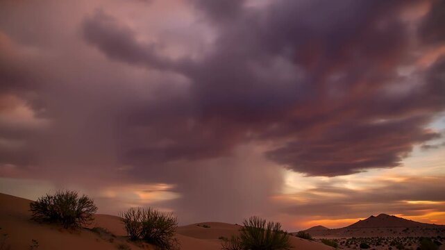 Cinematic shot of "Virga" (rain that evaporates before hitting the ground) hanging from dark clouds over a desert at sunset, red and purple hues.