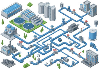 Isometric Water Treatment Plant Illustration Pipes, Tanks, and Infrastructure