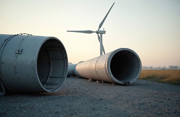 Large metallic pipes lie on ground near wind turbine. Construction parts rest on gravel near field during sunset. Renewable energy infrastructure waits for assembly.