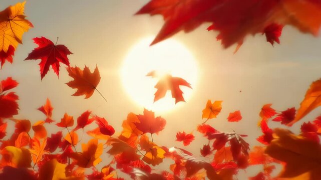 Abstract visualization of "Gravity" with autumn leaves falling upwards towards a bright sun, surreal and artistic nature.