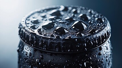 Macro photograph of a cold, wet bottle top with condensation glistening