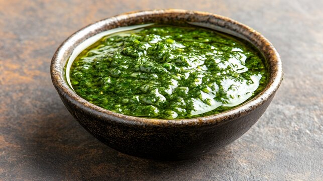 Rustic bowl of vibrant green Cuban mojo sauce