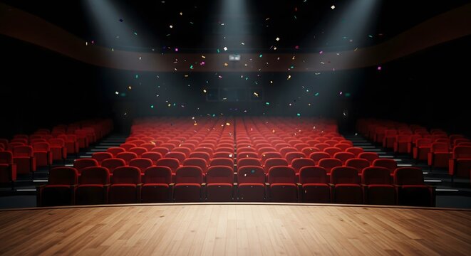 Empty theater auditorium with stage lights, cinema and performing arts venue interior, entertainment event and dramatic performance concept