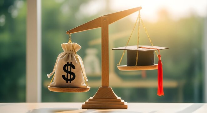 Education versus money balance concept with scale, cost of education and financial investment decision, career growth and future success comparison idea