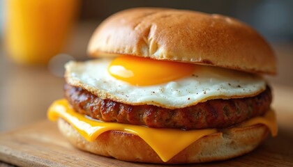 Juicy sausage patty with melted cheese and fried egg on bun. Hearty breakfast sandwich served on wood board with orange juice. Morning meal for fast food lover.