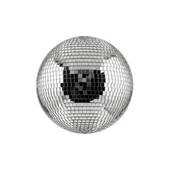 A classic silver disco ball covered in small reflective mirror tiles, isolated on a white background, ready for a party.