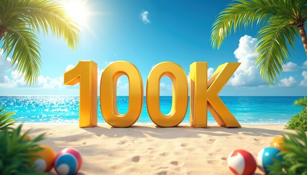 Golden 100k sign on sandy beach with palm trees, blue ocean, and sunny sky. Represents social media achievement, follower count, or a fun summer milestone.