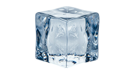 Obraz premium Realistic Clear Ice Cube With Water Droplets Isolated On Blue Background