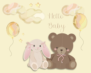 Obraz premium Hello baby greeting illustration with teddy bear and bunny in pastel nursery style