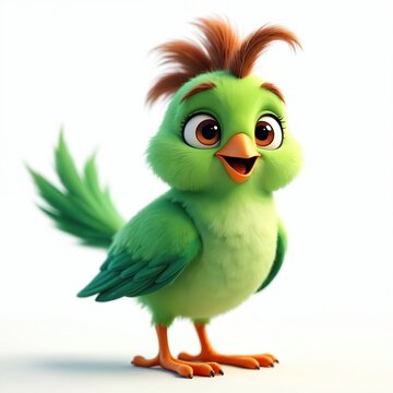 Cute green cartoon bird with fluffy feathers, orange feet stands on white background. Small bird big eyes, brown pupils, spiky ginger hair on head. Looks lively, happy, ready for fun. Great for kids