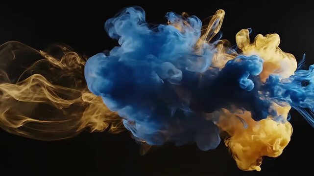 Dynamic abstract art featuring swirling golden and deep blue ink blooms in water creating a captivating visual of movement contrast and fluid beauty against a dark background