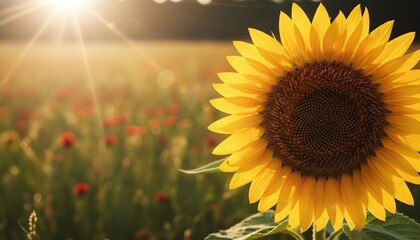 Obraz premium A majestic sunflower stands tall in a vibrant field of flowers under the warm sunlight