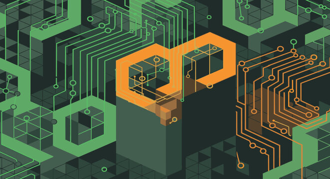 Futuristic hexagonal circuit board vector illustration with green and orange lin