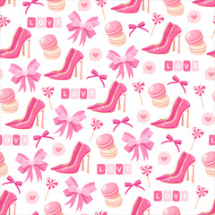 Cute Pink Valentine&rsquo;s Day Seamless Pattern with High Heels, Bows, Macarons and Love Candy, Girly Romantic Fashion Background for Packaging, Textile, Gift Wrap and Surface Design.