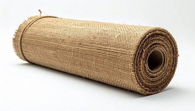Rolled burlap fabric with jute twine on white background