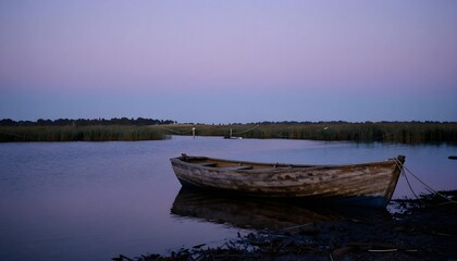 Obraz premium A boat rests on the shore of a lake, surrounded by wetlands rich in biodiversity and cultural heritage