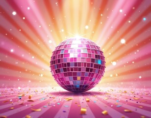 Naklejka premium Pink disco ball reflects light on colorful striped floor with scattered confetti. Sparkling lights fill background creating party atmosphere. Celebration concept.