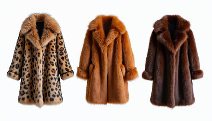 Three luxurious faux fur coats displayed on a white background. One coat features a leopard print pattern. Another is a solid orange shade. The third coat is a deep brown color.