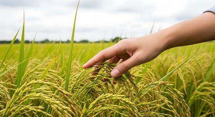 Hand Touching Golden Rice Paddy Field