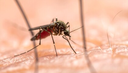 Extreme macro photography capturing a mosquito feeding on human skin, highlighting the intricate details of its proboscis and legs