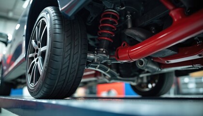 Fototapeta premium Car suspension system close up viewed from underneath vehicle in garage. Red shock absorber coil and tire visible on auto lift. Mechanic service check for auto maintenance.