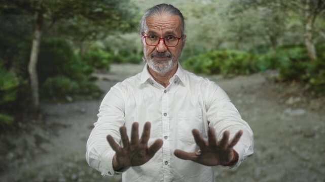 Man holding palms forward in a forest path, palms facing camera, wearing white shirt and red glasses; concern caution.