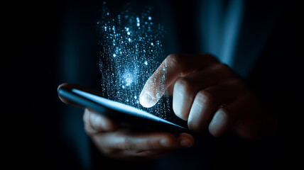 Finger interacting with a smartphone releasing data particles, representing digital services, security and mobile technology.
