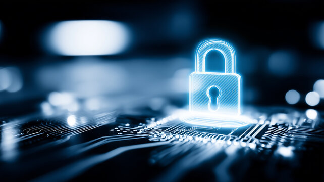 Holographic padlock icon above a circuit board symbolizing cybersecurity and data protection.

