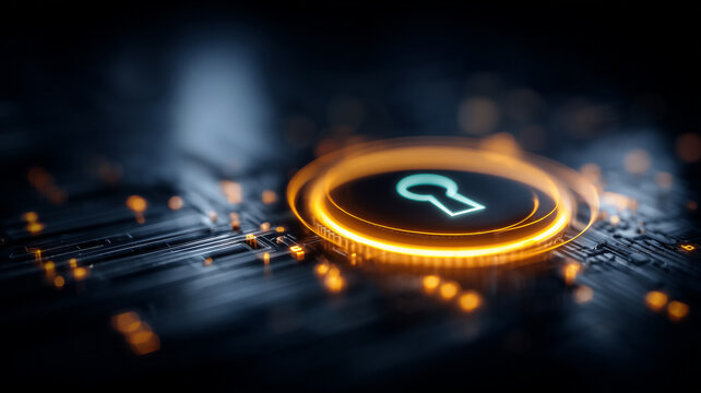 Padlock symbol on circuit board representing data privacy, secure authentication and cybersecurity protection.
