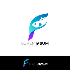 Letter F logo with fish design vector, marine life logos