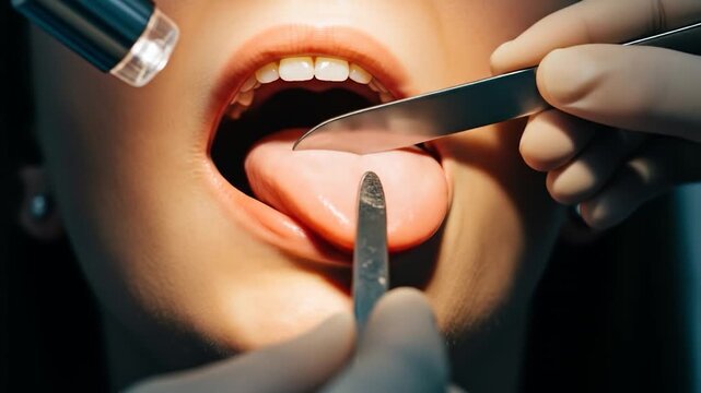 Close-up of a persons mouth being examined by a doctor with a tongue depressor and light.