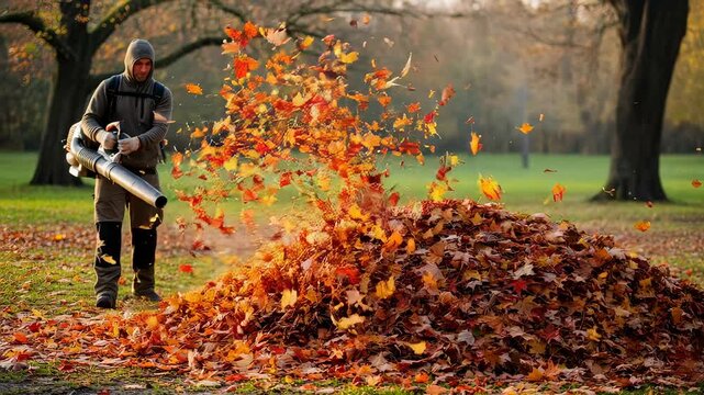 Man using a leaf blower to clear autumn leaves from a green lawn. Backyard cleaning work during fall season.