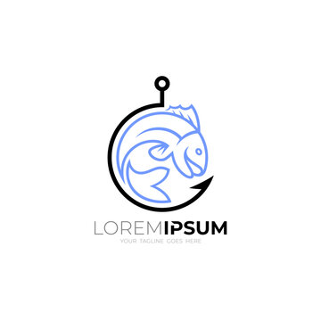 fish and hook logo as a fishing icon, line style design