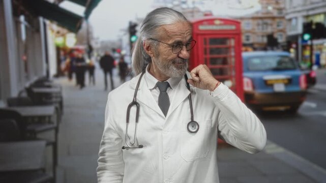 Man doctor makes ok sign with right hand while displaying stethoscope and palm outward on busy street; confidence reassurance wellbeing.