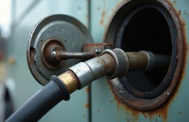 Gas pump nozzle inserted into rusty fuel tank opening. Close up of refueling vehicle at old gas station. Fossil fuel energy concept with dirty metallic texture.