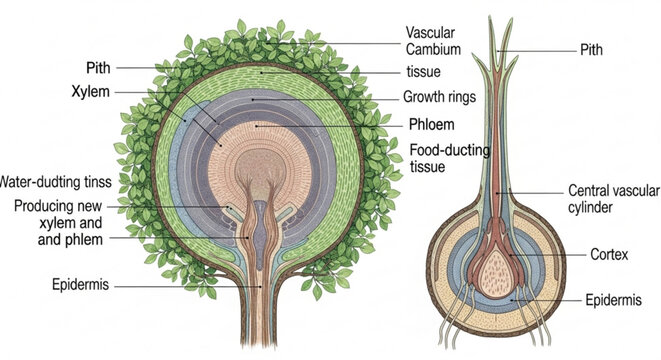 Detailed cross section illustration of plant stem and root anatomy with labeled parts showing vascular cambium xylem phloem and growth rings