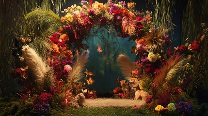 Enchanted Floral Archway with Butterflies and Animal Figurines Display
