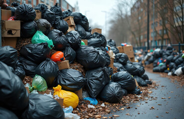 Large pile of black trash bags on city street. Mixed waste plastic refuse is scattered on pavement near buildings. Overflowing bins show urban pollution.