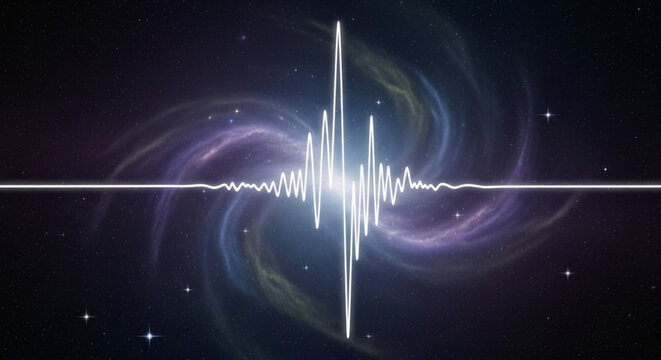 Sound waveform in space with swirling galaxy and stars cosmic sound visualizer abstract music representation