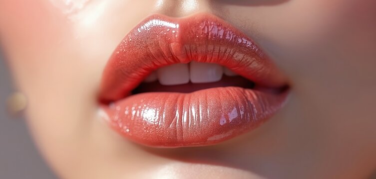 Close up view of full peach lips with shiny gloss, showing white teeth. Makeup beauty product for sensual, plump mouth. Perfect healthy skin for cosmetic ads.
