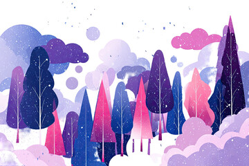 A fantastical, illustrated scene featuring stylized trees, clouds, and a starry night backdrop