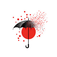 Graphic art of a semi-disintegrating umbrella over a red circle on black