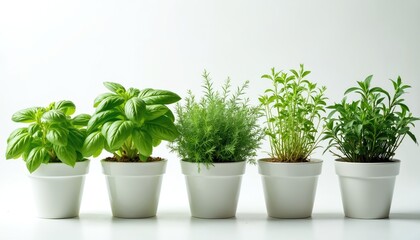 Obraz premium Five potted green herbs stand in white pots against bright clean background. Fresh basil, dill, rosemary, culinary plants ready for use. Healthy cooking ingredients grown indoors for easy access.