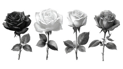Four monochrome roses arranged in a row, each with varying shades of gray, stem, and leaves