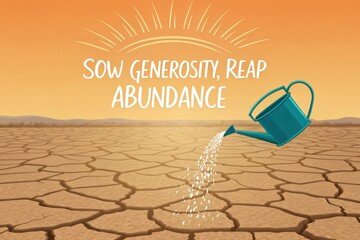 Watering can sows seeds on dry earth with sun rays