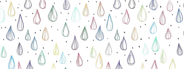 A whimsical illustration with a black background featuring a collection of colorful, stylized water droplets