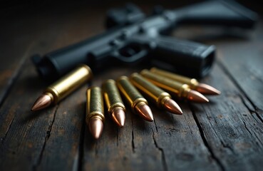 Fototapeta premium Several bullets rest on worn wooden surface next to rifle. Ammunition prepared for use in firearm, suggesting readiness for combat sport. Metallic cartridges show sharp copper points of projectiles.