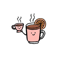 Obraz premium Cartoon-style illustration Two pink mugs of hot beverage with faces, one with an orange slice