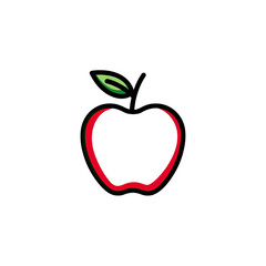 A white apple outline with a red border and green leaf against a black backdrop